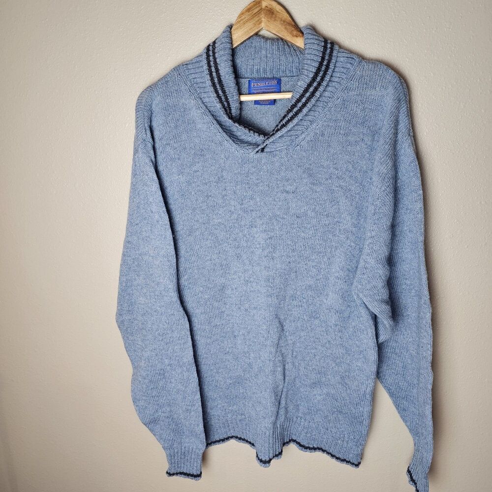 Vtg Pendleton Men's Wool Knit Shawl Collar Pullover Sweater Blue Solid Size M